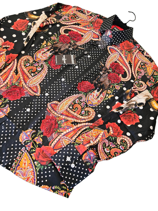 Barabas Men's Bull Horn red rose paisley long sleeve button up dress shirt