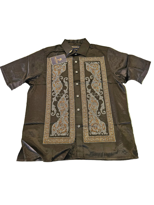 PRESTIGE Men's Rhinestone Short Sleeve Button-Up Shirt