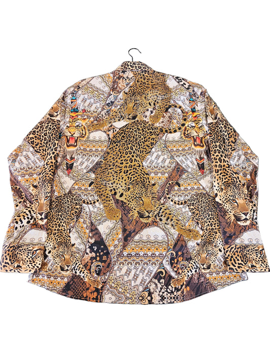 Barabas Men's Gold Tiger Rhinestone button up long sleeve dress shirt