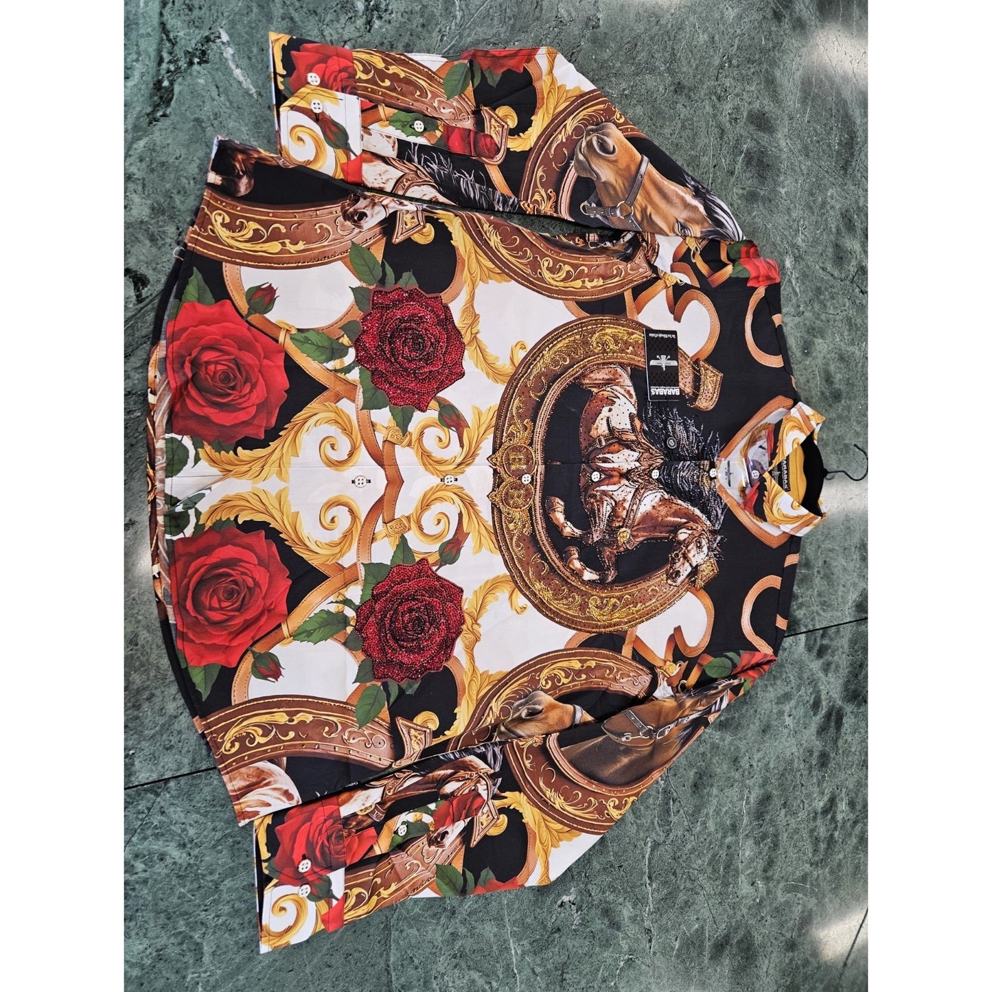 BARABAS Men's Rhinestone Horse Graphic Button-Up Shirt – Galgani Menswear