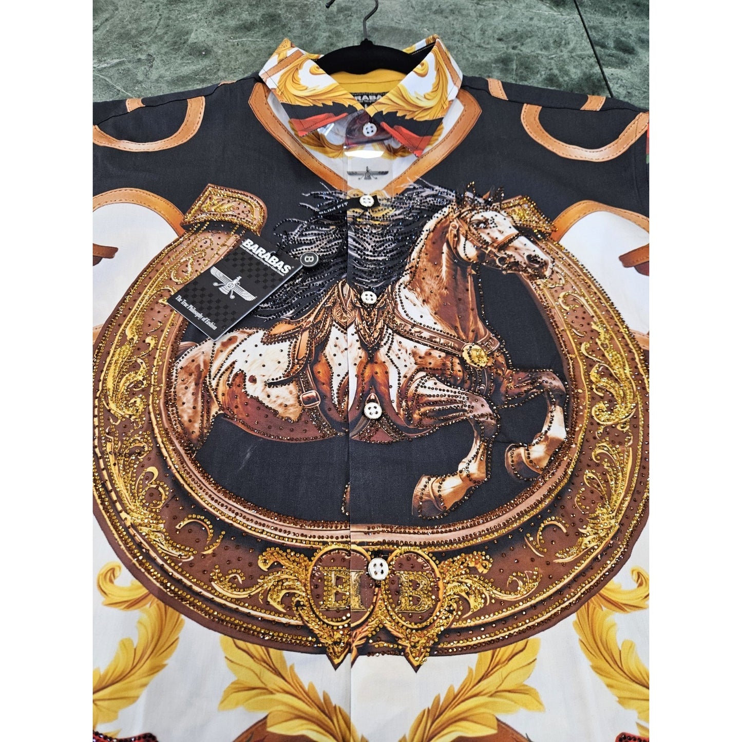 BARABAS Men's Rhinestone Horse Graphic Button-Up Shirt – Galgani Menswear