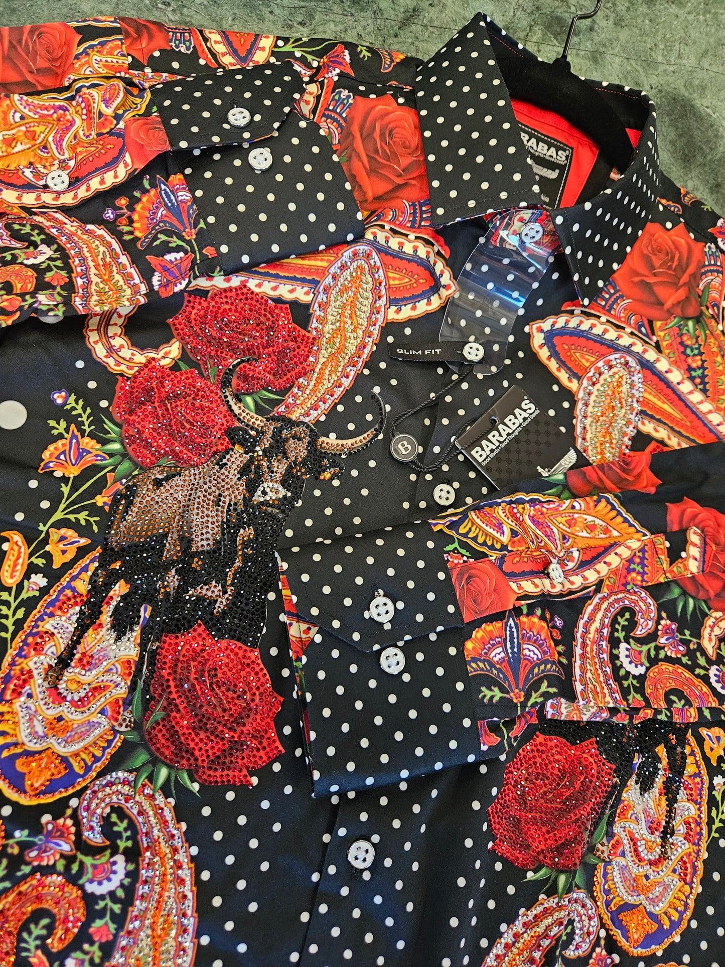 Barabas Men's Bull Horn red rose paisley long sleeve button up dress shirt