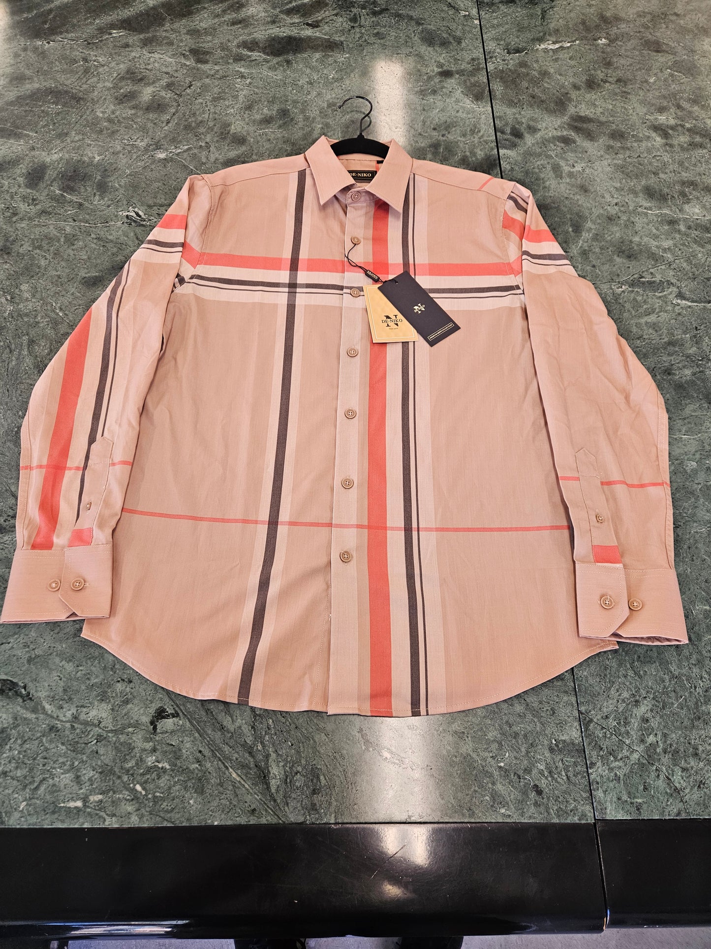 De-niko plaid baige button up long sleeve dress shirt