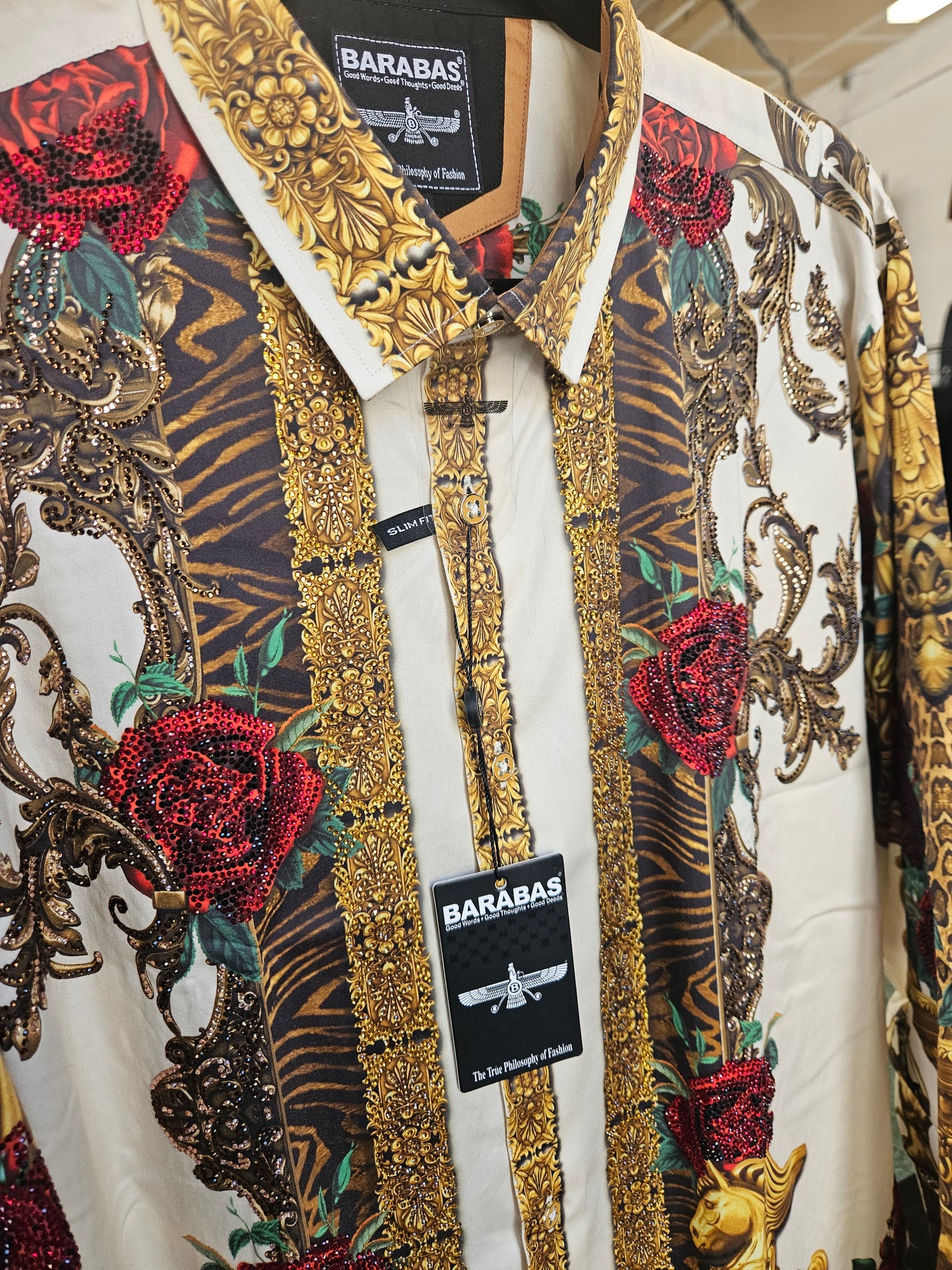 BARABAS Men's Red Rose Rhinestone Button-Up Shirt – Galgani Menswear