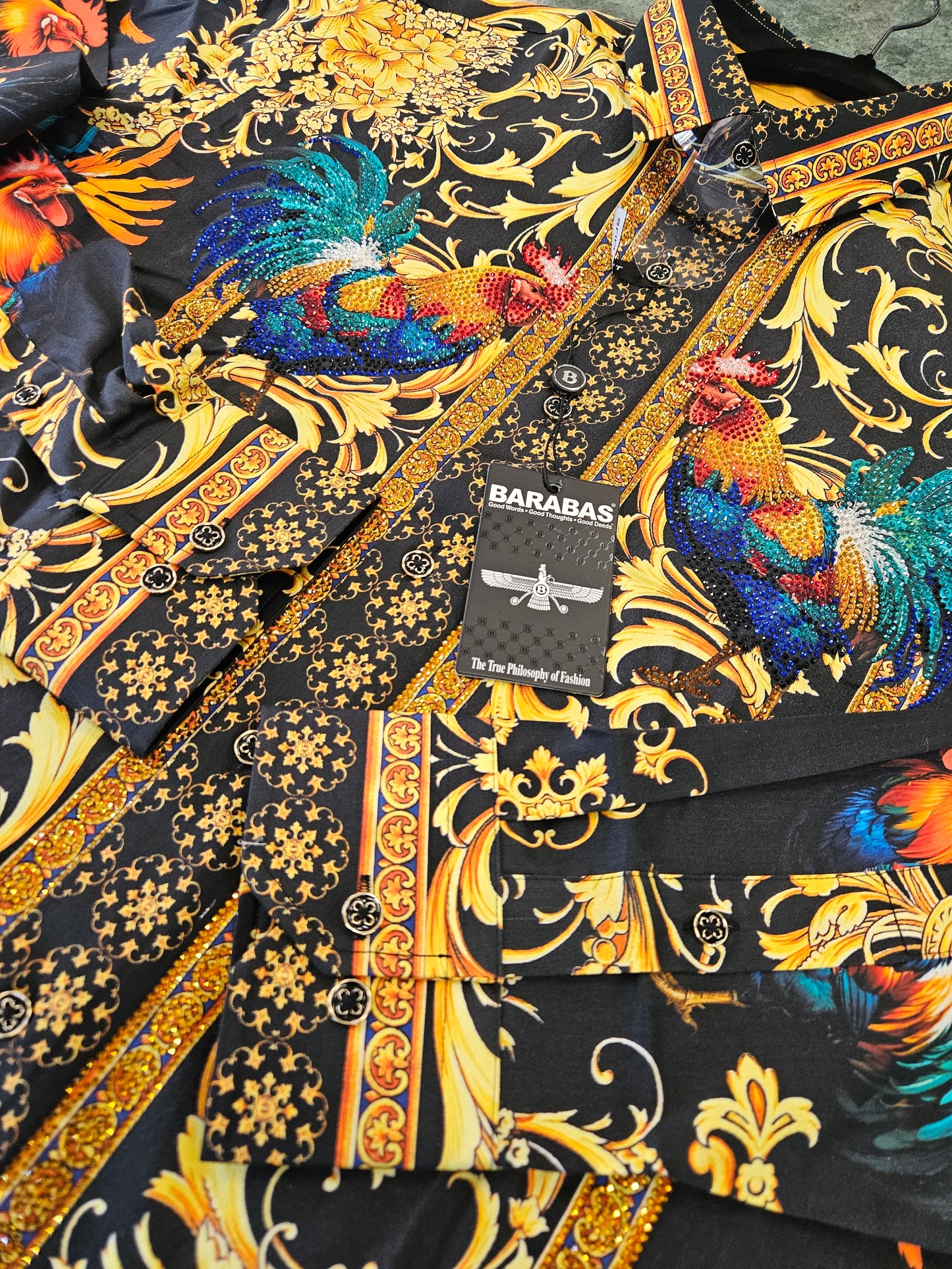 BARABAS Men's Black Rooster Rhinestone Long Sleeve Shirt – Galgani Menswear