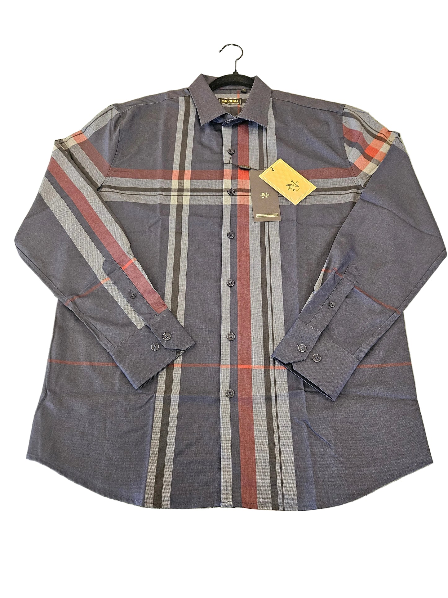 De-niko plaid navy button up long sleeve dress shirt