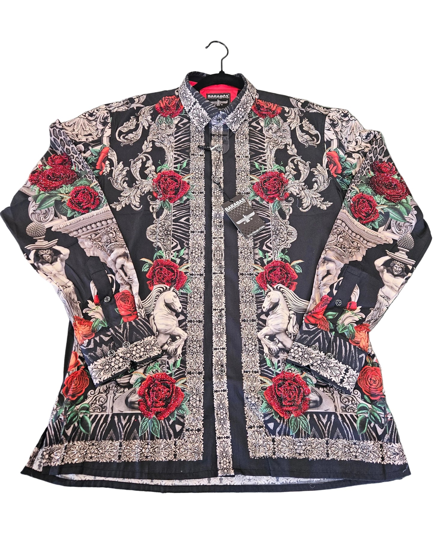 BARABAS Men's Black & Silver Red Rose Rhinestone Shirt – Galgani Menswear