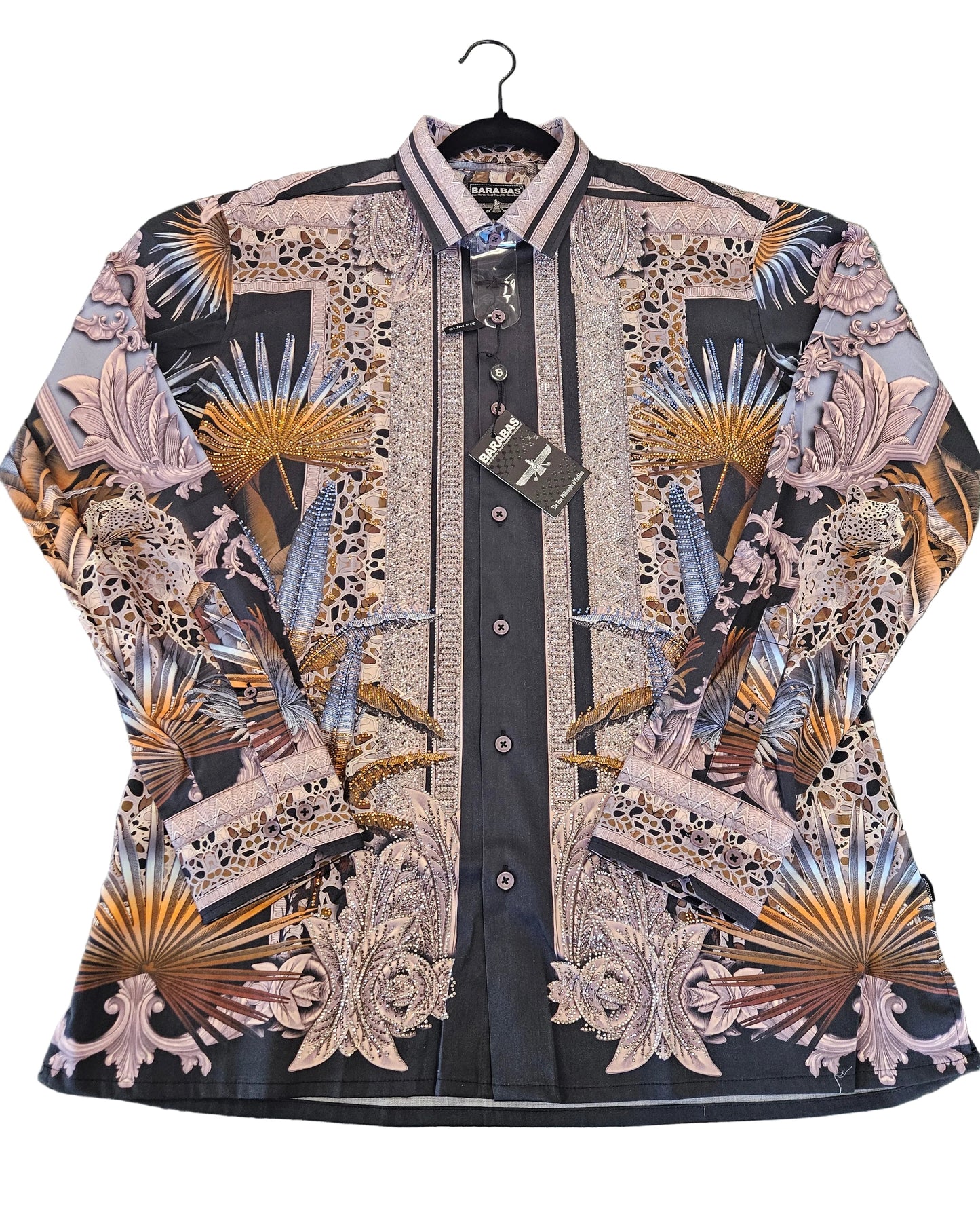 BARABAS Men's Rhinestone Floral Baroque Long Sleeve Shirts
