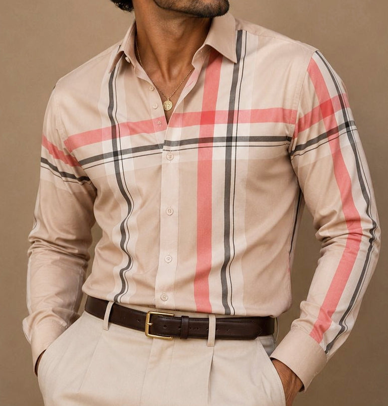 De-niko plaid baige button up long sleeve dress shirt