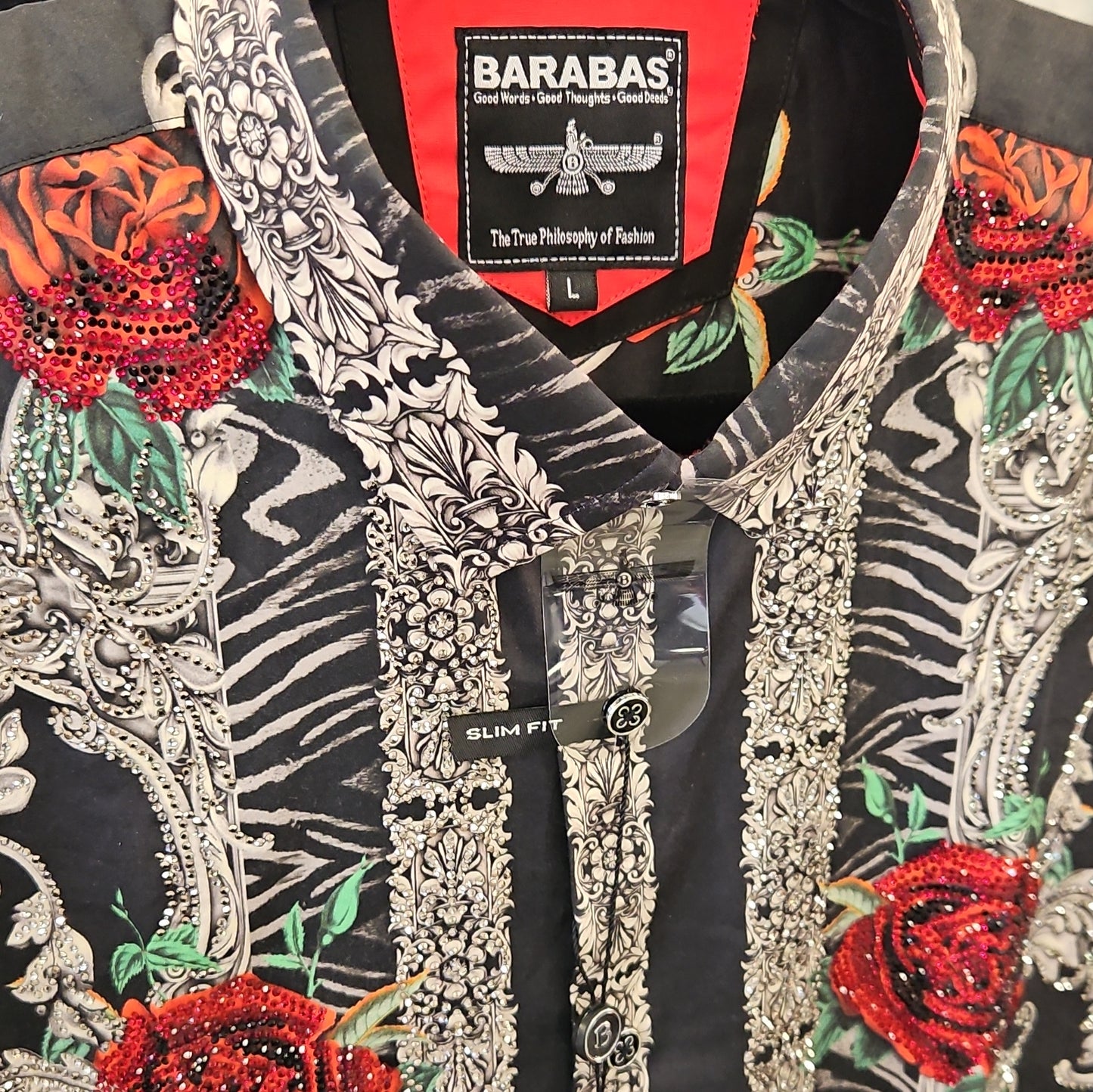 BARABAS Men's Black & Silver Red Rose Rhinestone Shirt – Galgani Menswear