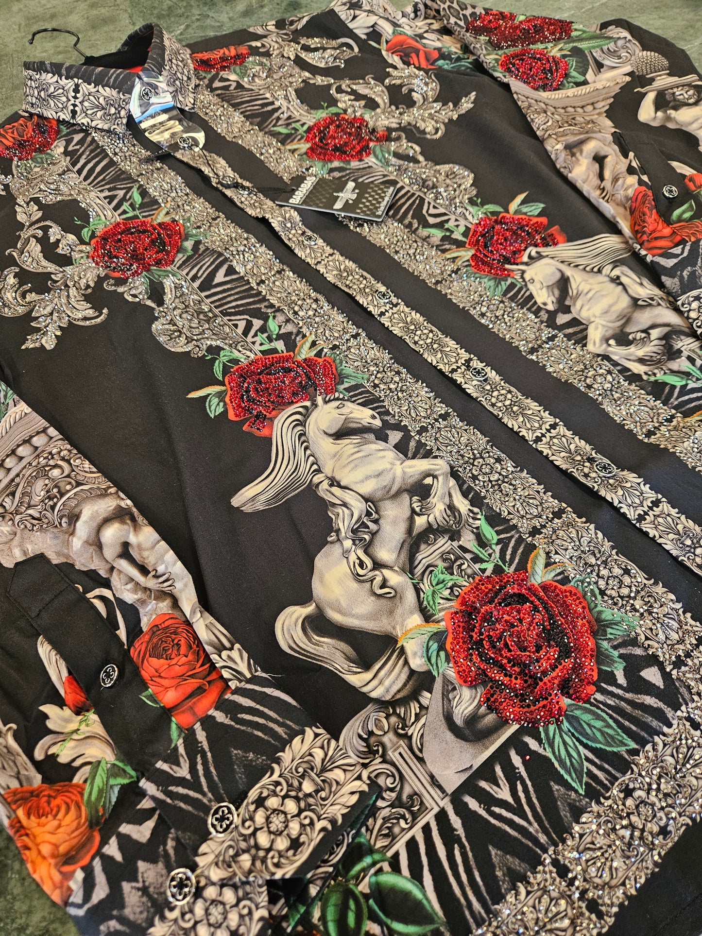 BARABAS Men's Black & Silver Red Rose Rhinestone Shirt – Galgani Menswear