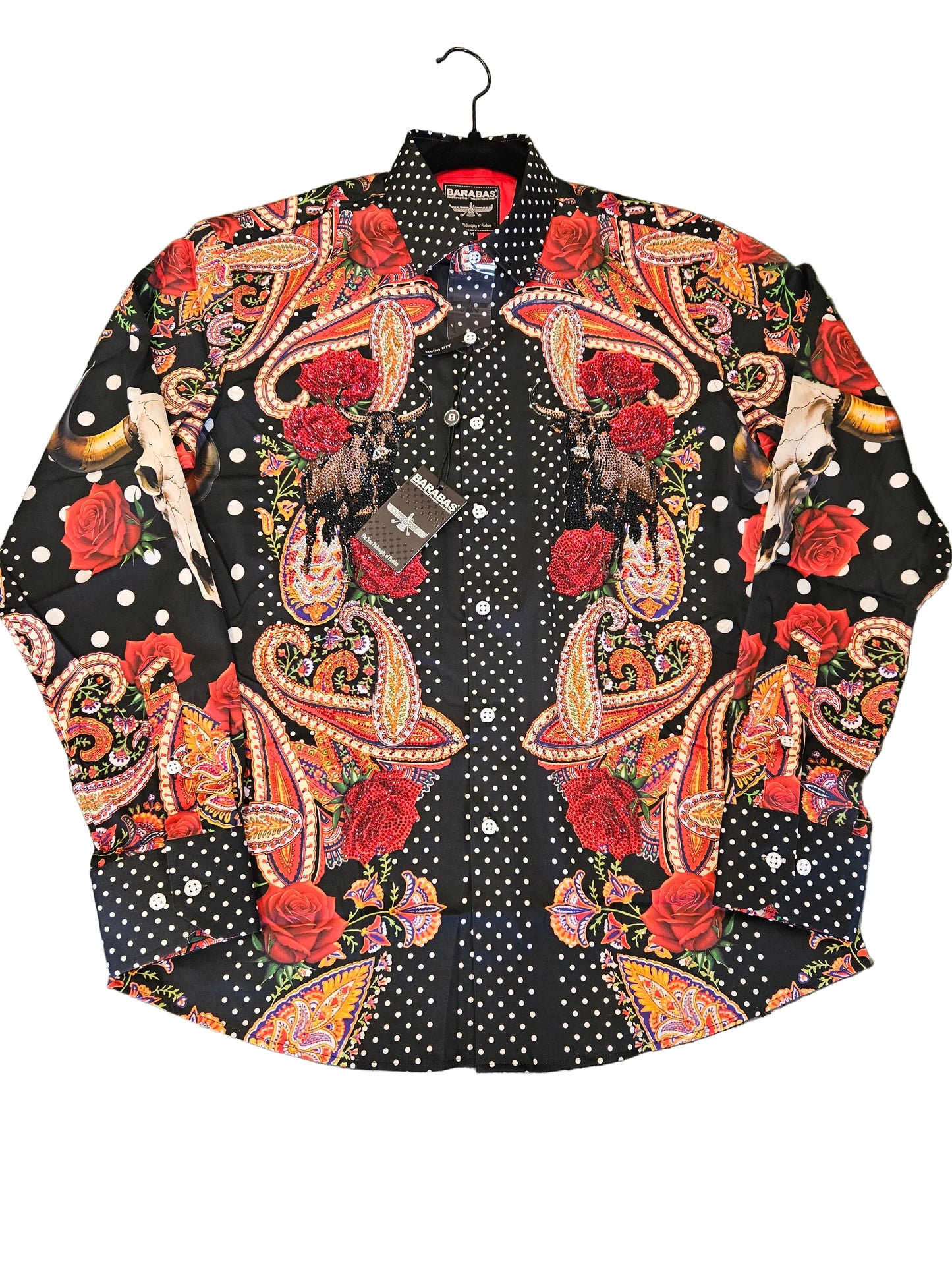 Barabas Men's Bull Horn red rose paisley long sleeve button up dress shirt