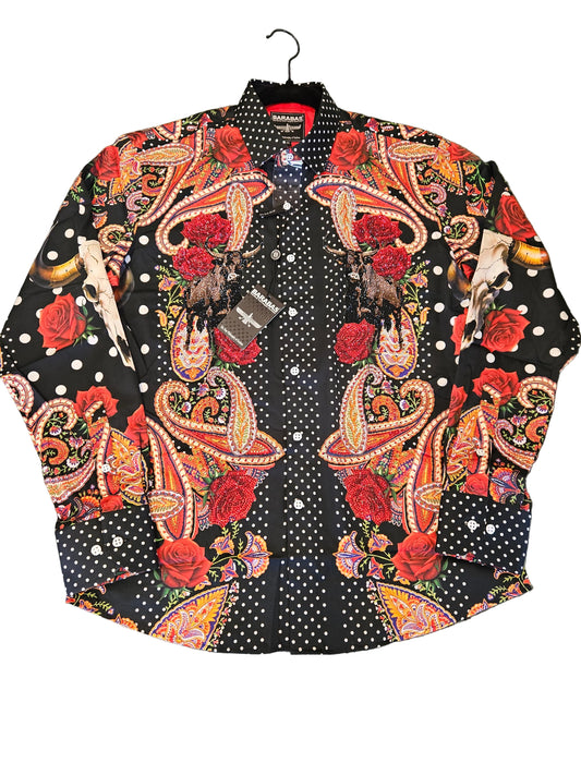 Barabas Men's Bull Horn red rose paisley long sleeve button up dress shirt