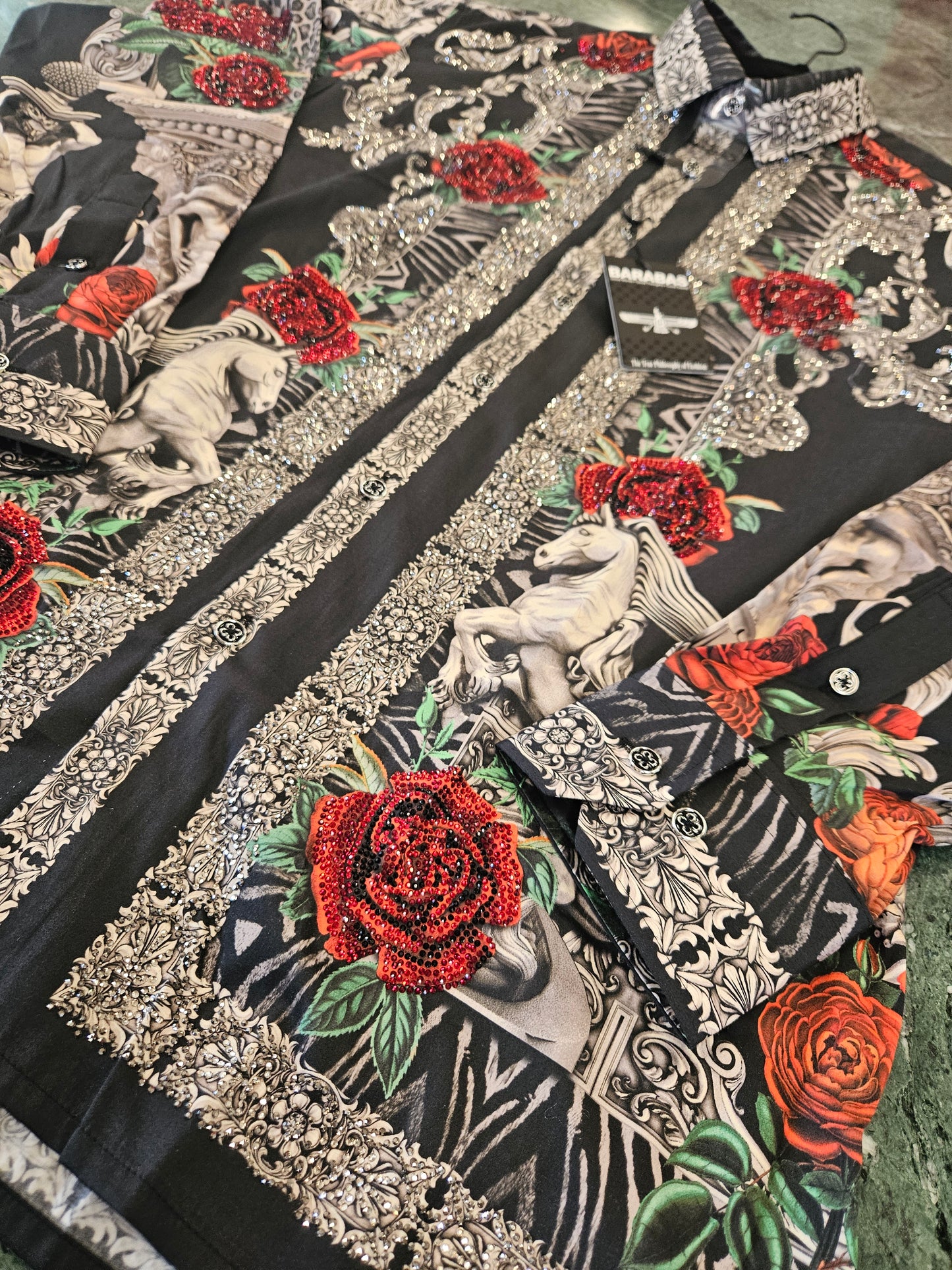 BARABAS Men's Black & Silver Red Rose Rhinestone Shirt – Galgani Menswear