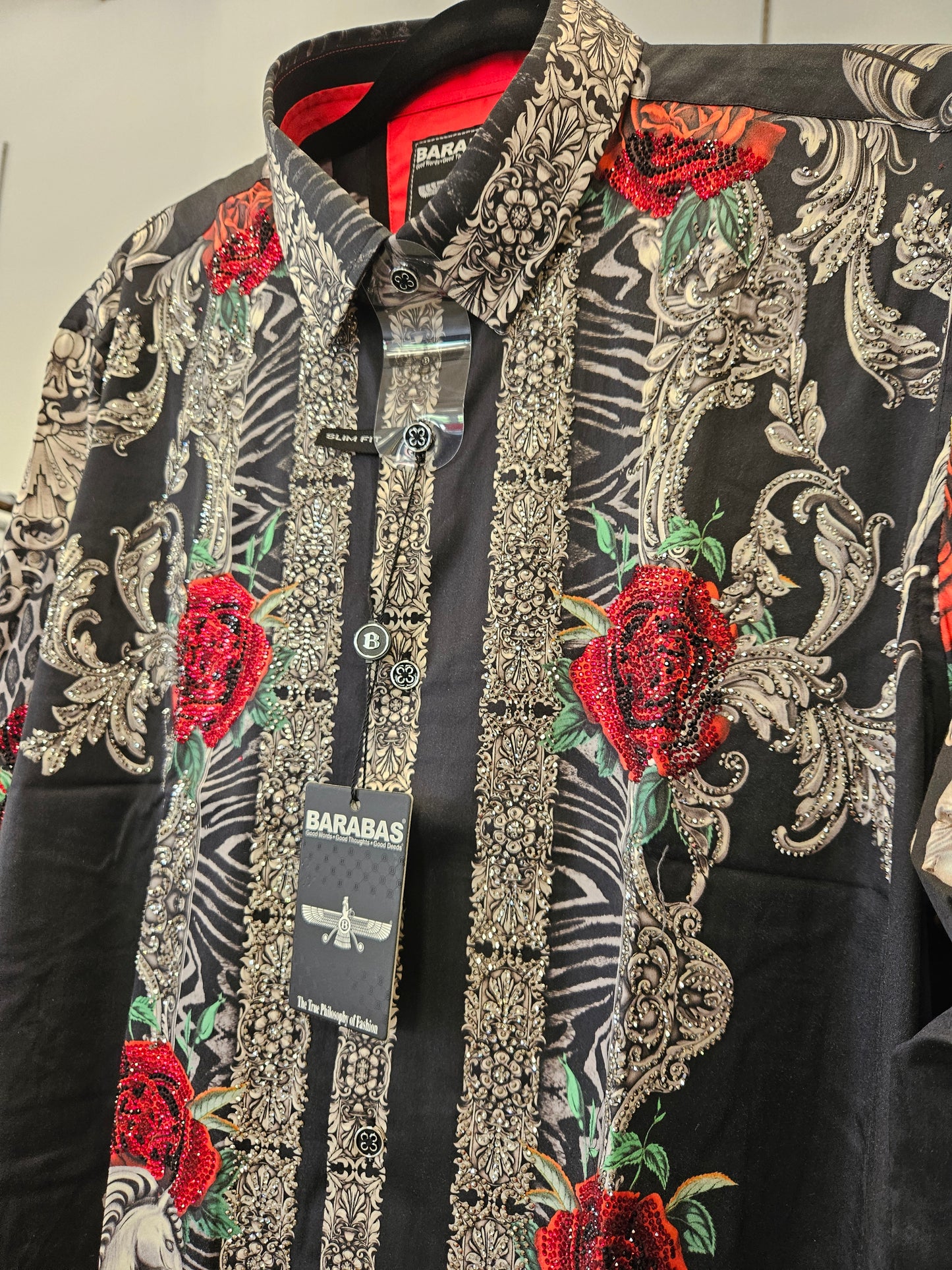 BARABAS Men's Black & Silver Red Rose Rhinestone Shirt – Galgani Menswear
