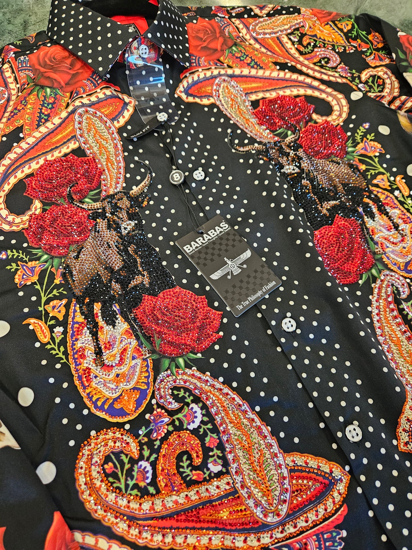 Barabas Men's Bull Horn red rose paisley long sleeve button up dress shirt