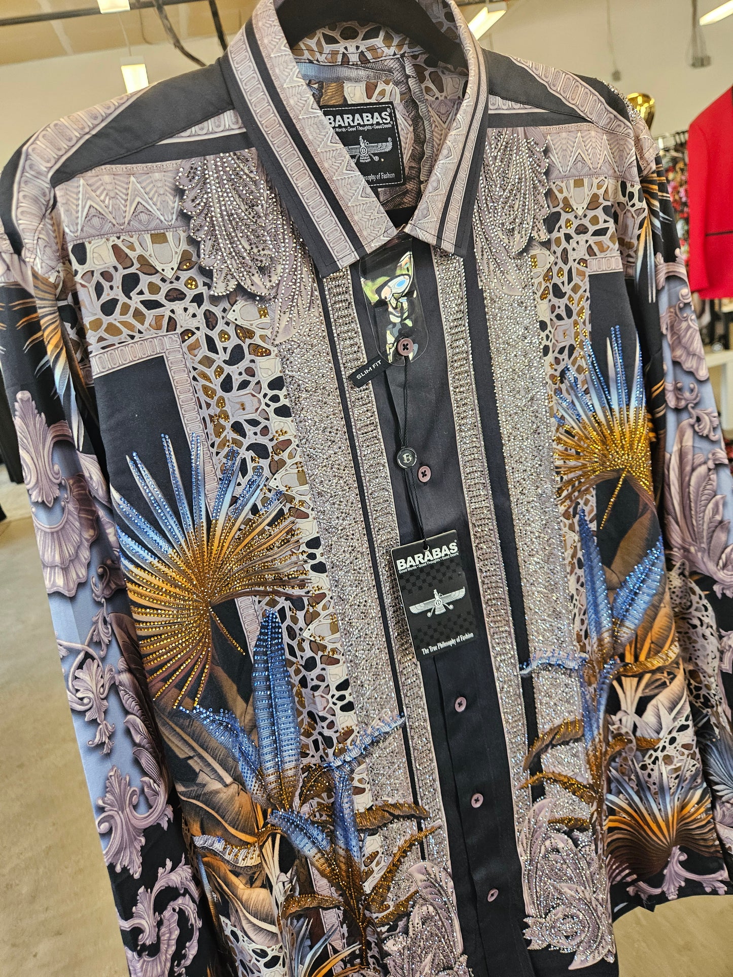 BARABAS Men's Rhinestone Floral Baroque Long Sleeve Shirts