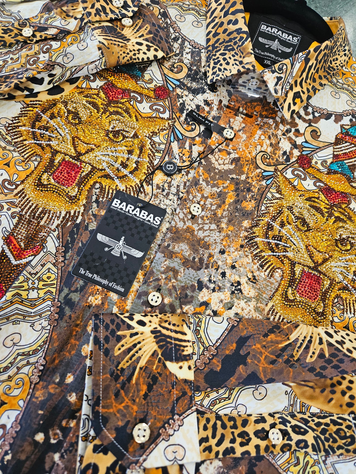 Barabas Men's Gold Tiger Rhinestone button up long sleeve dress shirt