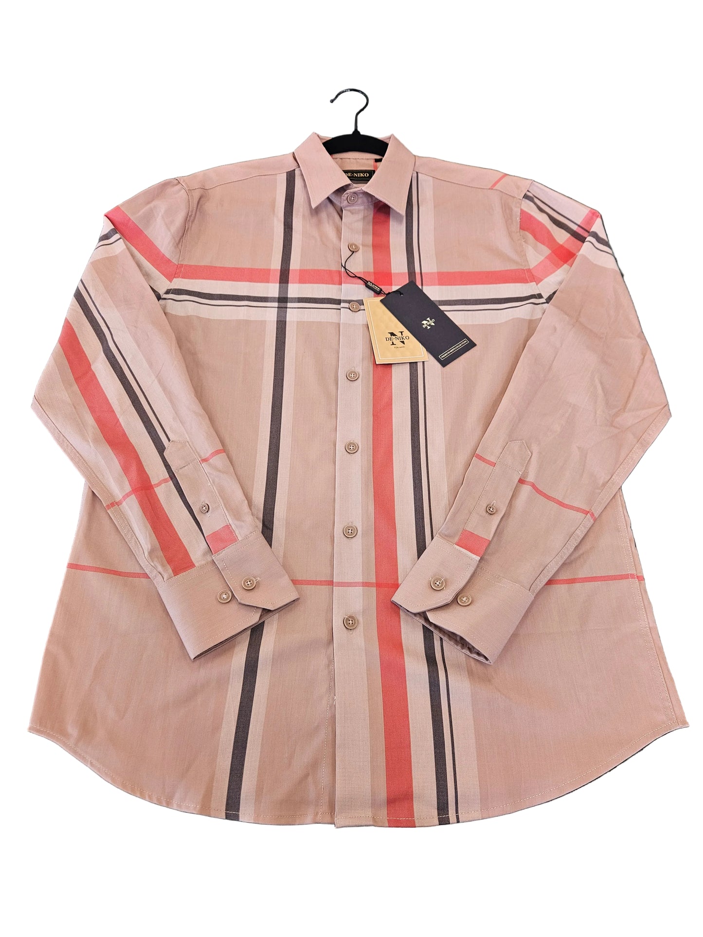 De-niko plaid baige button up long sleeve dress shirt