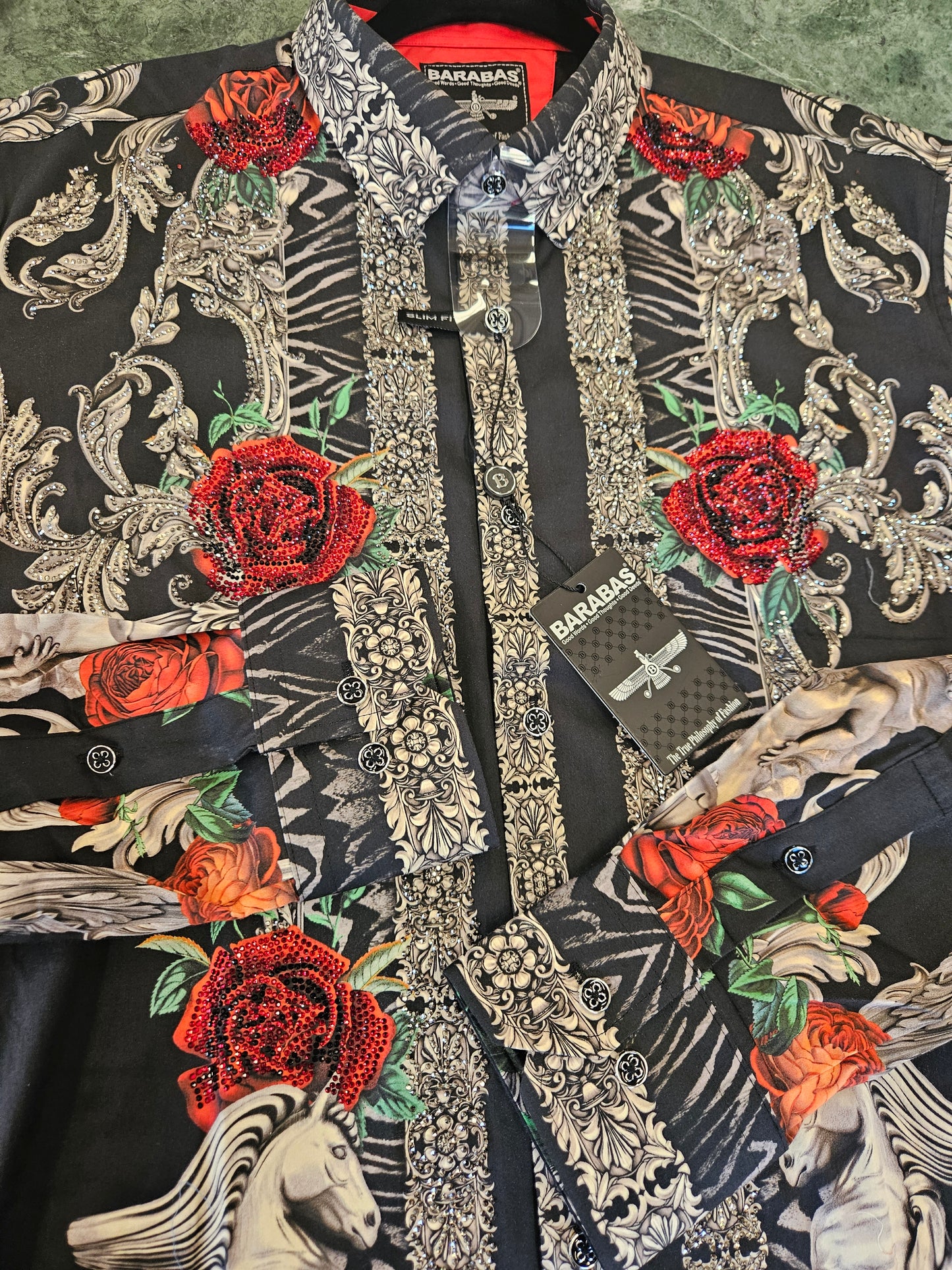 BARABAS Men's Black & Silver Red Rose Rhinestone Shirt – Galgani Menswear