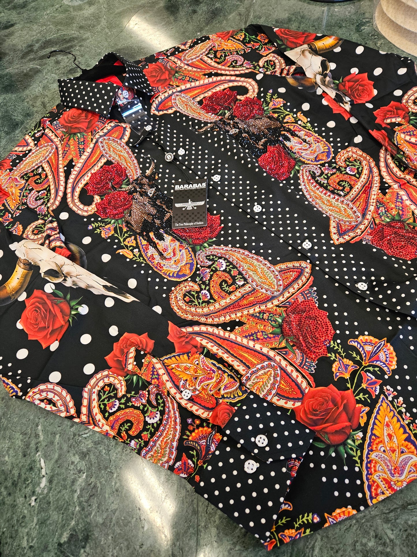 Barabas Men's Bull Horn red rose paisley long sleeve button up dress shirt