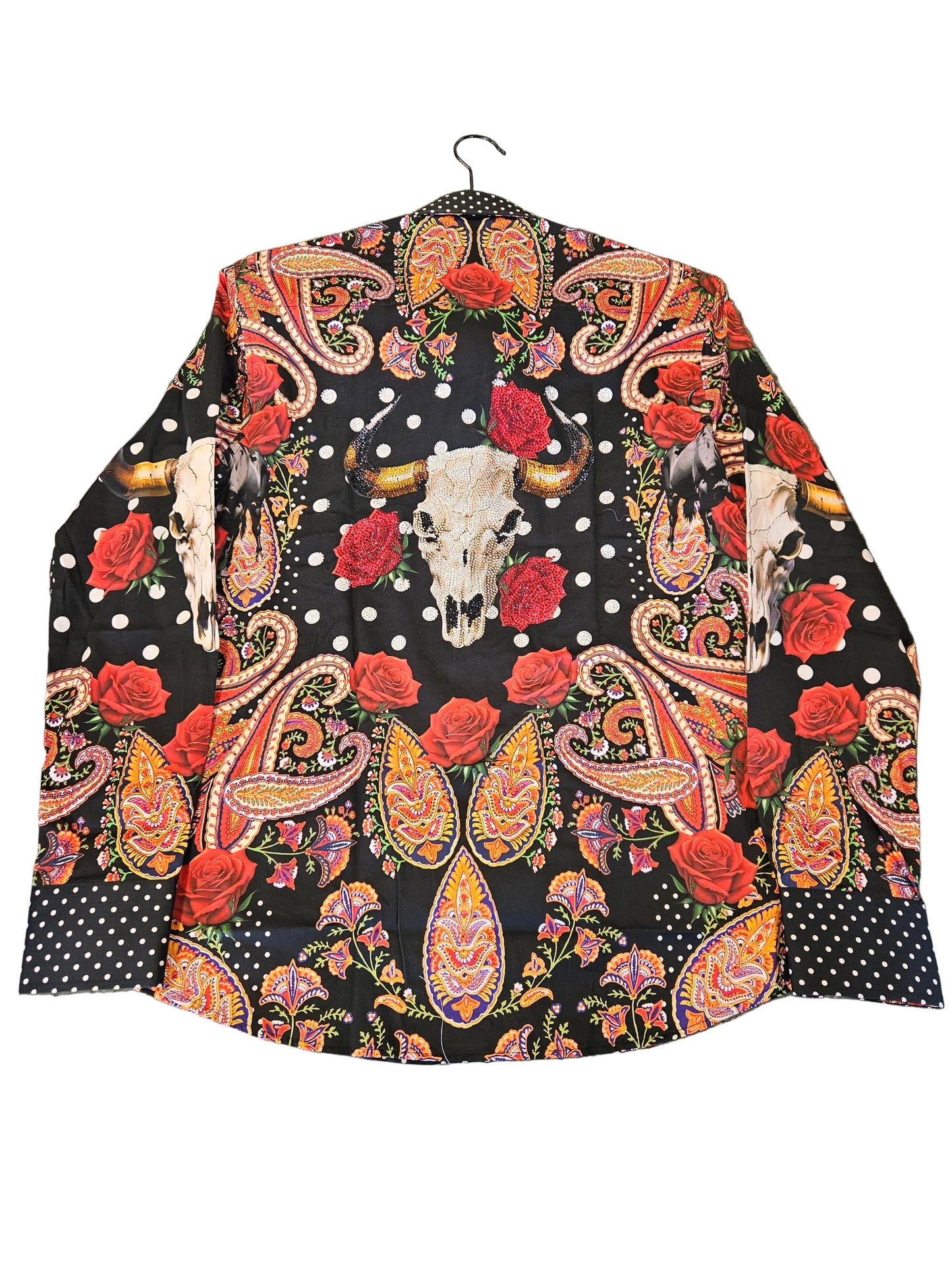 Barabas Men's Bull Horn red rose paisley long sleeve button up dress shirt
