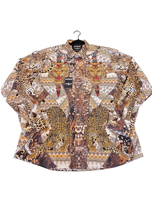 Barabas Men's Gold Tiger Rhinestone button up long sleeve dress shirt